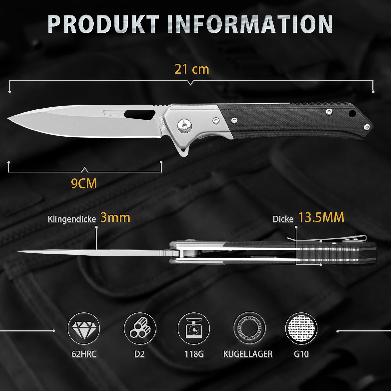 NedFoss ELF Klappmesser, Taschenmesser scharf, EDC Messer mit G10 Griff, Einhandmesser aus D2 Stahl,Outdoor messer mit Gürtelclip, Pocket Knife,Scharfes Survival messer Outdoor für Alltag und Outdoor 5