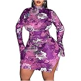SOLY HUX Women's Plus Size Floral Print Mesh Split Hem Bodycon Dress Mock Neck Bell Long Sleeve Mini Dresses