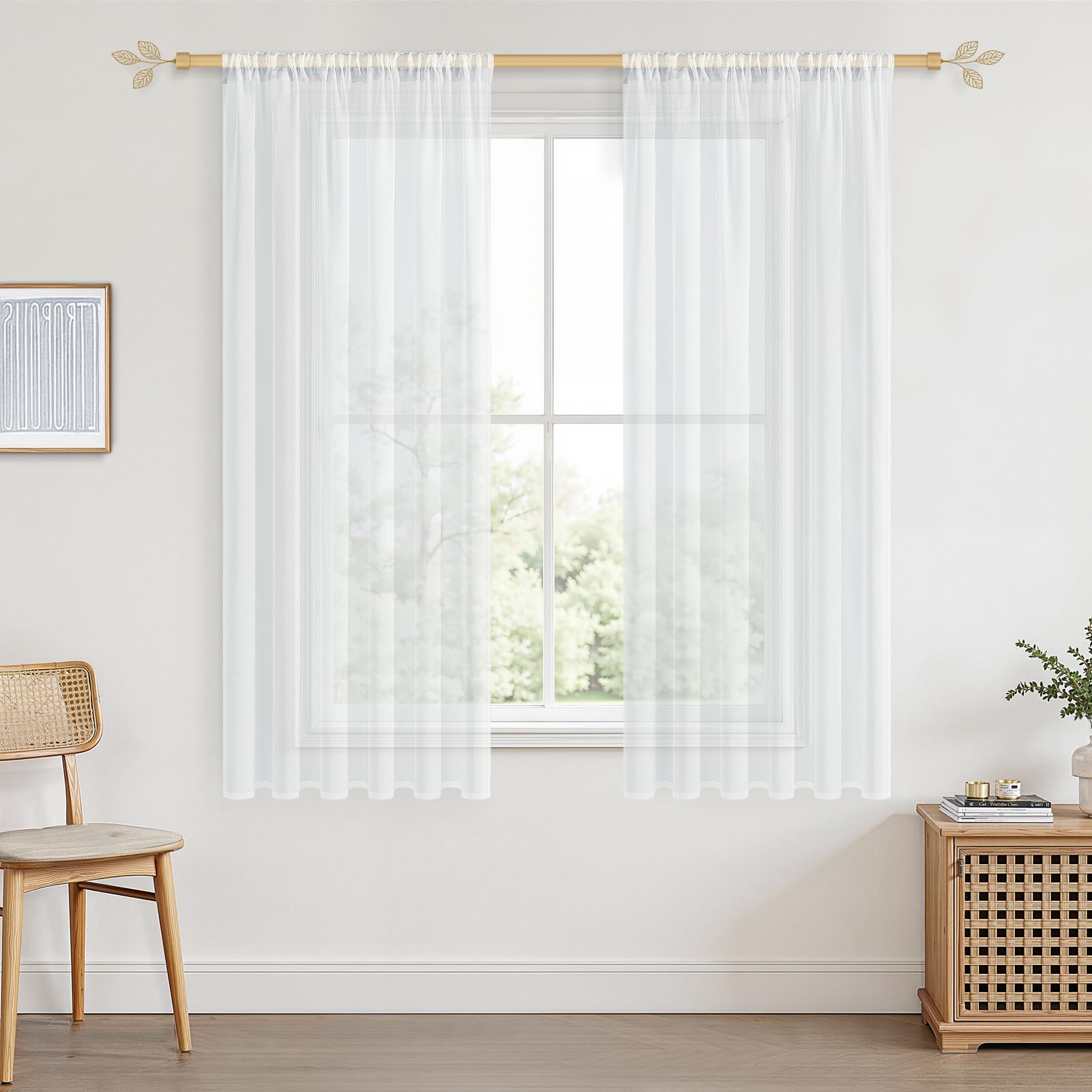 CUTEWIND Pair of Pearl White Drop Sheer Curtains 69 Inch Length Voile Top Curtains for Cafe Window Bedroom Living Room Balcony Basement Nursery Rod Pocket 2 Panels(Pure White,55" x 69")