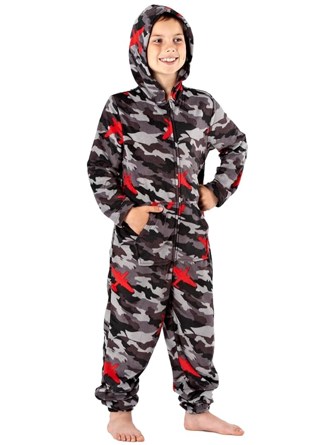 Jungen Camo und Comic Hooded Warm Micro Fleece Einteiler, Känguruhtasche vorne