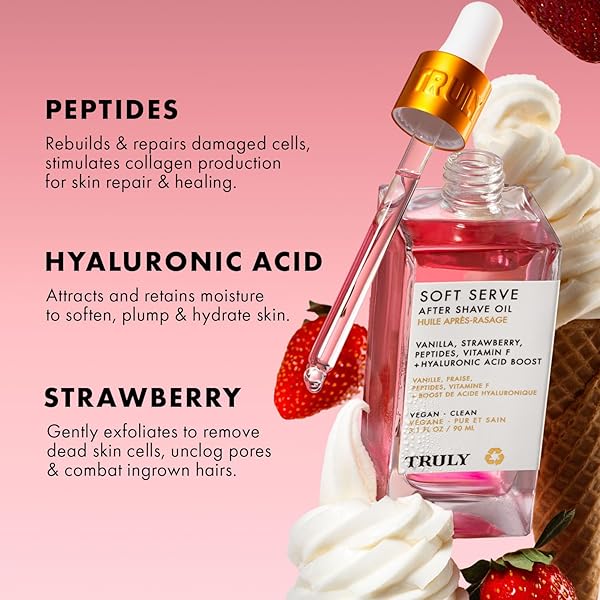 TRULY BEAUTY SOFT SERVE AFTER SHAVE OIL | HYDRATING TREATMENT FOR INGROWNS & IRRITATION | PEPTIDES, HYALURONIC ACID & STRAWBERRY EXTRACT | SOOTHES & SMOOTHS SKIN | STRAWBERRY VANILLA SCENT (3.1 FL OZ)