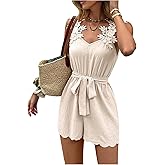 SHENHE Women's Summer Belted Romper Sleeveless Flower Embroidered Dressy Short Jumper
