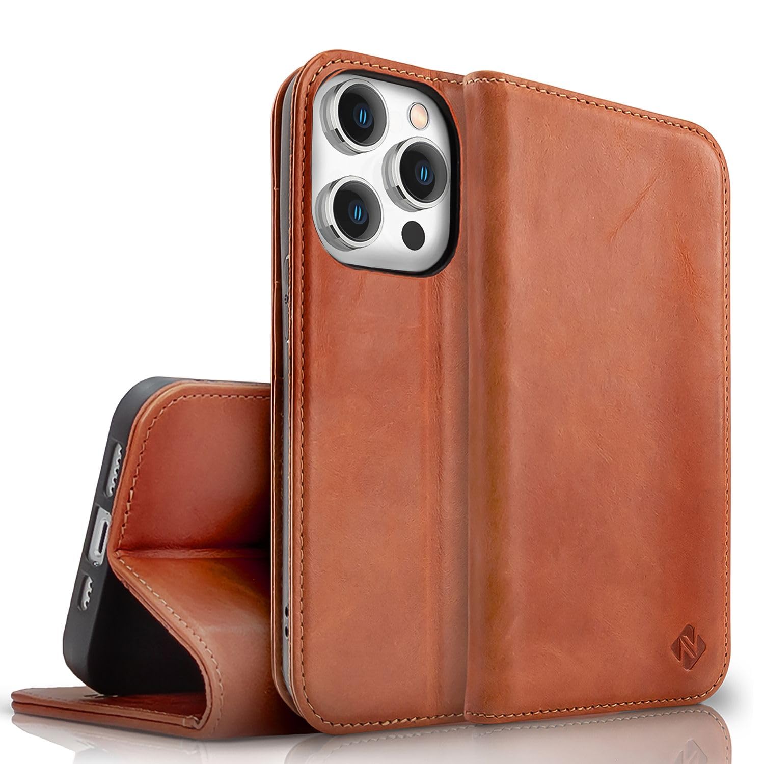 NALIA Genuine Leather Case for iPhone 15 Pro - RFID Wallet & Magnetic Closure - LEVANTO (Handmade Book Cover) - German Brand, Color:Brown