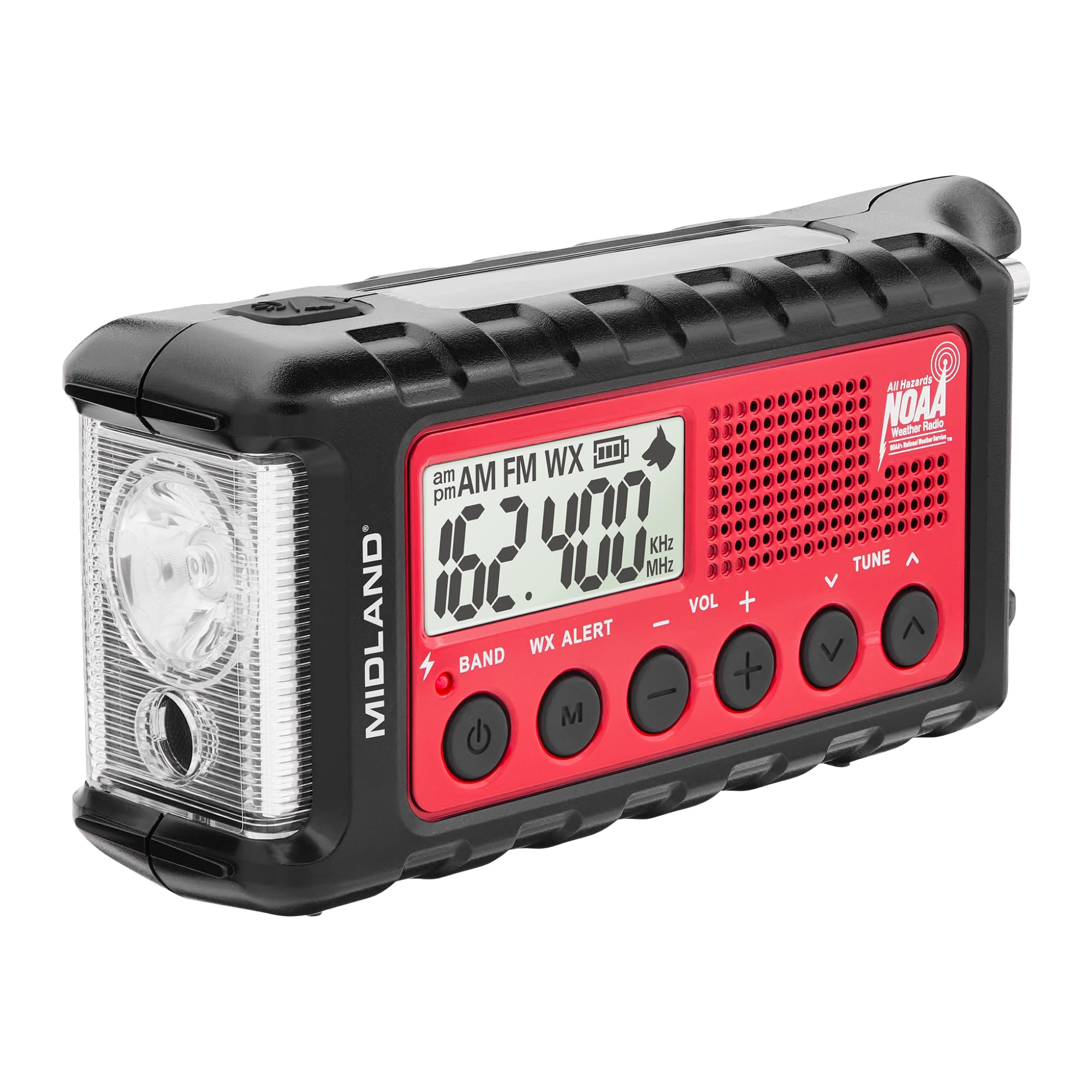 Midland - ER310, Emergency Crank Weather AM/FM Radio - Multiple Power Sources, SOS Emergency Flashlight, Ultrasonic Dog Whistle, & NOAA Weather Scan + Alert (Red/Black)
