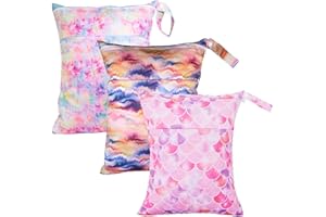 Kawigo Wet Dry Bags 3 Packs Two Zipper Pockets Travel Beach Pool Reusable Waterproof Yoga Gym Bag for Baby Cloth Diaper Swimsuits Wet Clothes Mermaid 3L12