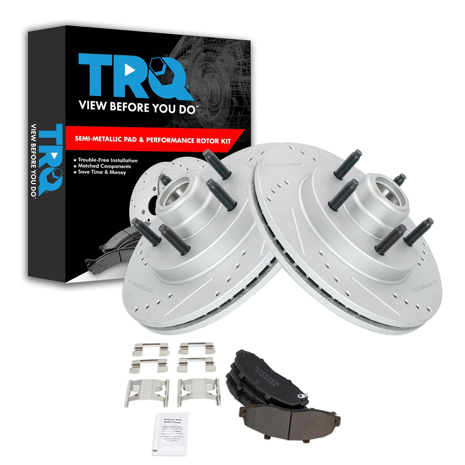 TRQ Front Brake Pad and Rotor Set Semi Metallic Coated Drilled Slotted Rotors Compatible with 2000-2003 Ford F-150 2004 F-150 Heritage 2002 Lincoln Blackwood Image