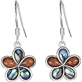 925 Sterling Silver Koa Wood and Abalone Shell Hawaiian Mauka to Makai Plumeria Flower Dangle Hook Earrings, Nickel Free Hypoallergenic for Sensitive Skin, Gift Box Included