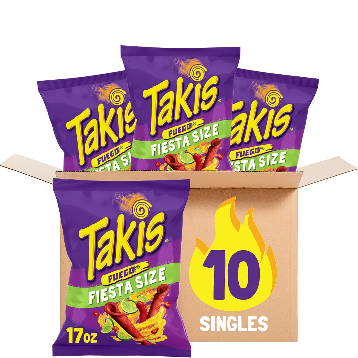 Takis Fuego 10 ct, 17 oz Fiesta Size Case, Hot Chili Pepper & Lime Flavored Extreme Spicy Rolled Tortilla Chips Image