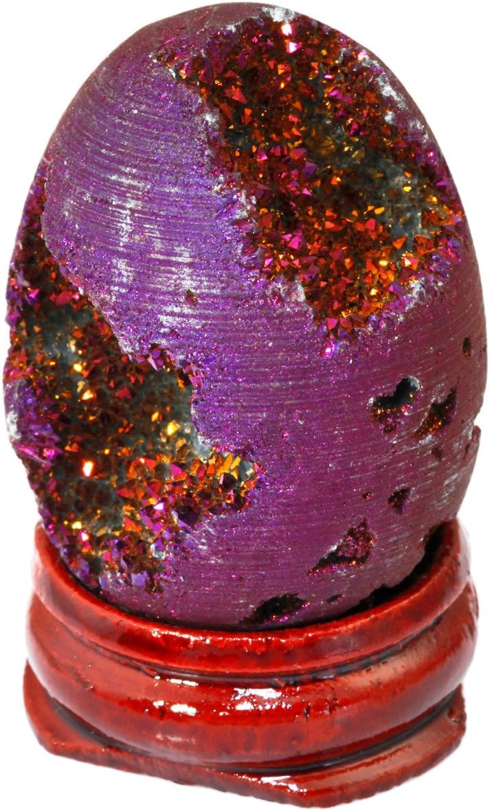Shanxing Titanium Coated Natural Agate Geode Specimen with Wooden Stand, Semi Precious Reiki Healing Stone Decor for Good Luck Chakra Meditation, Purple, Sphere Size 40x30mm