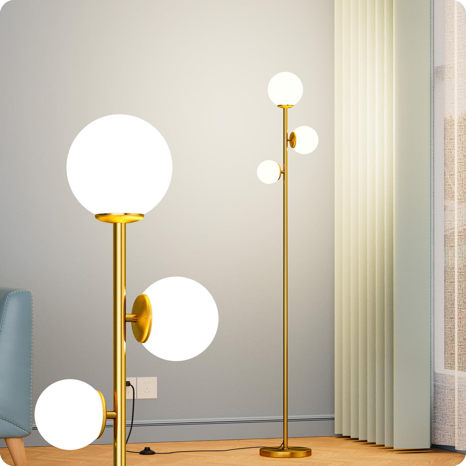 Photo 1 of Nukanu Floor lamp with 3 Frosted Glass Shades,Stangding Lamp Floor Lamps for Living Room Bedroom Office with 3 led Bulbs,Tall lamp with Foot Switch (Gold)
