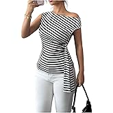 Milumia Women's Striped Asymmetrical Neck T Shirt Ruched Tie Side One Shoulder Tee Tops