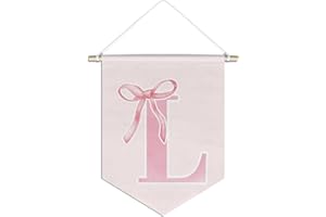 foedor initial Personalized Preppy Canvas Hanging Pennant Flag Banner, Coquette Pink Bow Teen Girl Gifts,Trendy Cute Monogrammed Gifts Wall Decor for Women Teen Girl Nursery bedroom(L)