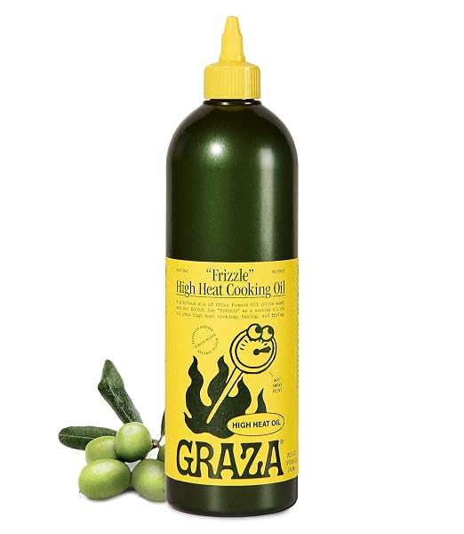 GRAZA FRIZZLE HIGH HEAT COOKING OIL – COOKING OIL WITH A HIGH SMOKE POINT & NEUTRAL FLAVOR IN A SQUEEZE BOTTLE FOR FRYING, BAKING & GRILLING – OIL MADE FROM 100% OLIVES – 25.3 FL OZ (750ML)