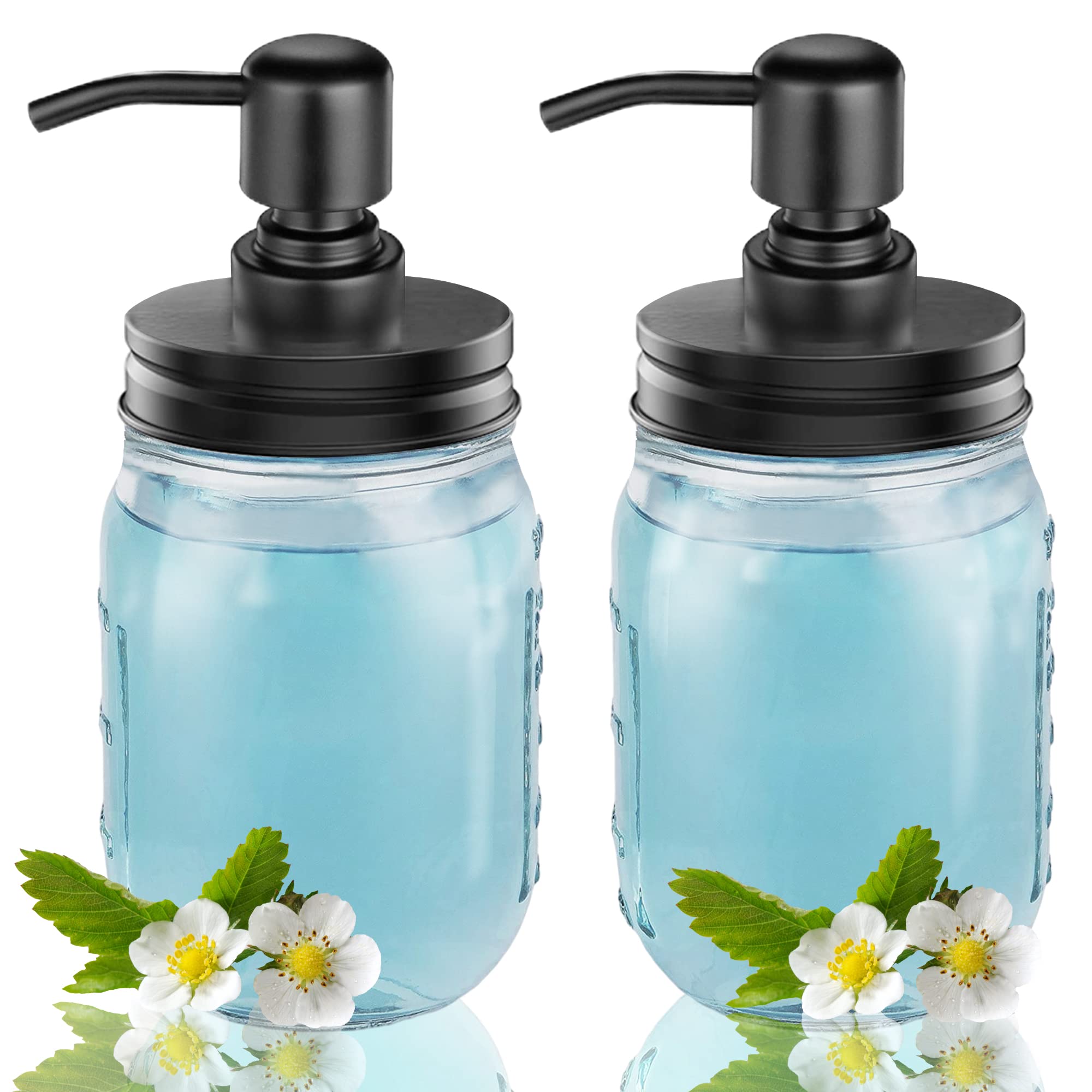 2-Pack Mason Jar Soap Dispenser - 16 oz Thick Clear Glass Soap Dispenser with Rust Proof Stainless Steel Pump and Lid for Liquid/Dish Soap/Lotion, Refillable Dispensers for Kitchen Bathroom Countertop