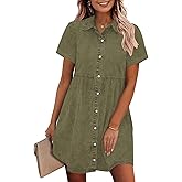 GRAPENT Denim Dress for Women Babydoll Tiered Short Sleeve Button Down Jean Shirt Dresses