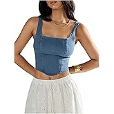 SHENHE Women's Denim Tank Top Sleeveless Square Neck Backless Slim Fit Y2k Crop Top