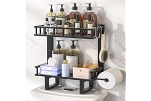 Cozivolife Bamboo Over The Toilet Storage Shelf, Non-Trace Adhesive Bathroom Organizer Shelf with Paper Rolls Holder and Hooks, Above WC Rack Space Saver (Black, M)