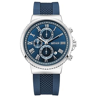 BAOGELA Mens Watch Blue Dial Silicone Strap Chronograph Sports Wristwatch for Man Boys Calendar Date