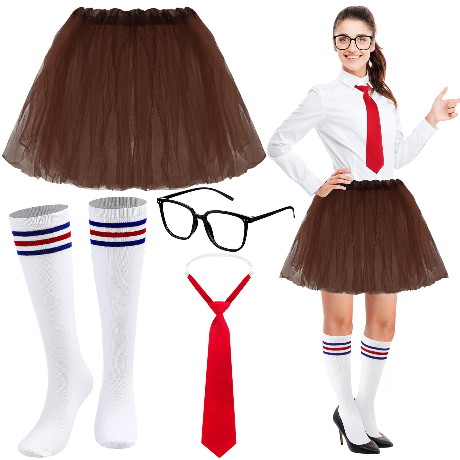 Photo 1 of Velmitten 4 Pcs Halloween Costume Include Glasses Necktie Skirt Socks Outfit Accessories for Themed Party Supplies Cartoon Character Costume Cosplay Set for Adult