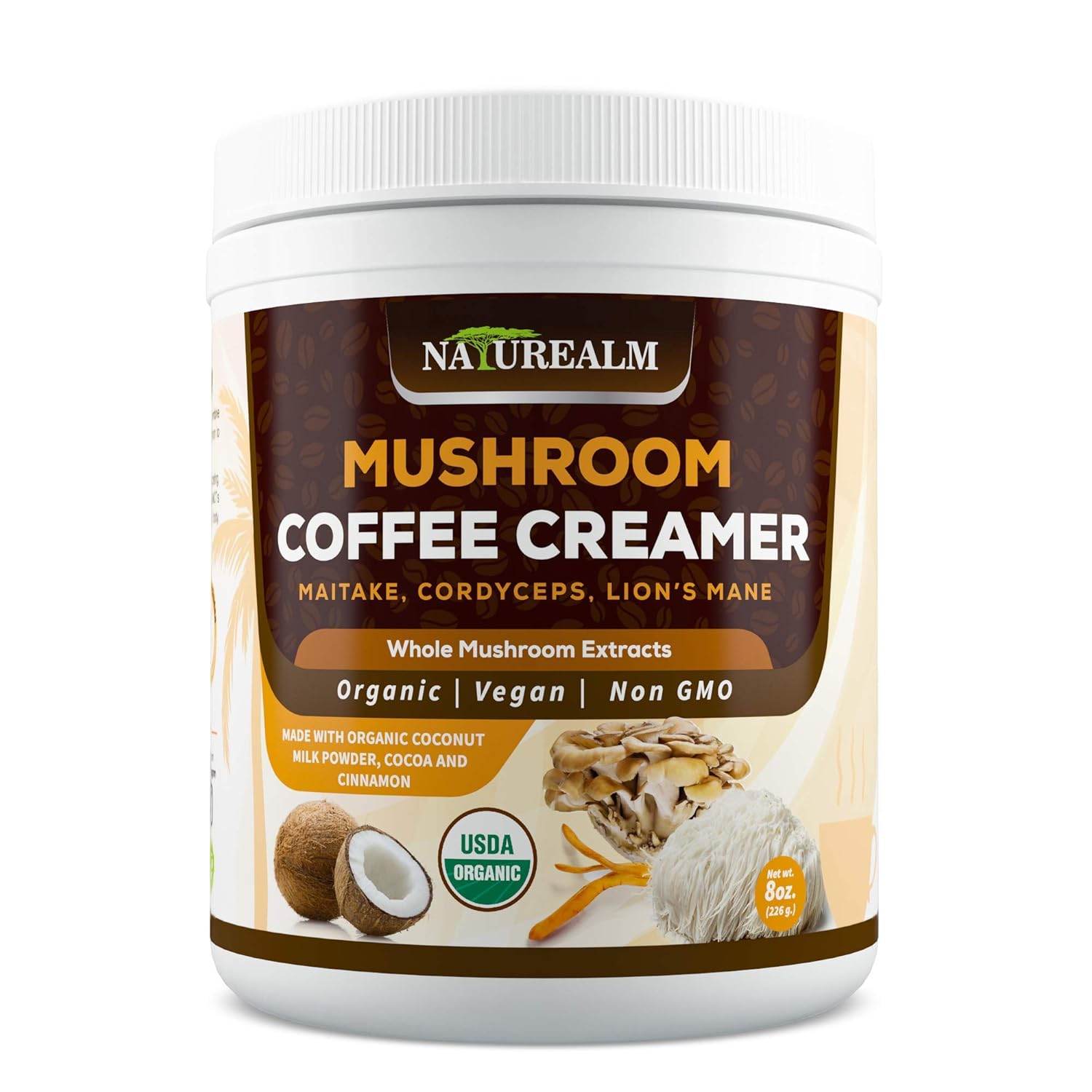 Naturealm Mushroom Coffee Creamer - Lion's Mane, Cordyceps, Maitake Extracts + Coconut Milk Powder, Cocoa, Cinnamon - USDA Certified Organic, Vegan, Sugar-Free, Gluten-Free, Keto-Friendly, 8oz.