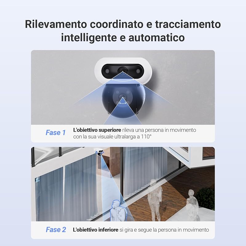 C90 Dual 8MP (4MP+4MP) Telecamera WiFi Esterno con Doppia Lente, Telecamera per Esterni a 360°, Visione Notturna a Colori, Rilevamento Persone/Veicoli, Audio Bidirezionale, Impermeabile