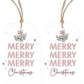 Anwyll Christmas Gift Tags with String - 50Pcs Pink Bow Merry Merry Merry Christmas Tags for Gifts Xmas Gift Tag Happy Holidays Hang Paper Label Tag for Present Wrapping Goodie Bag Holiday Party Decor