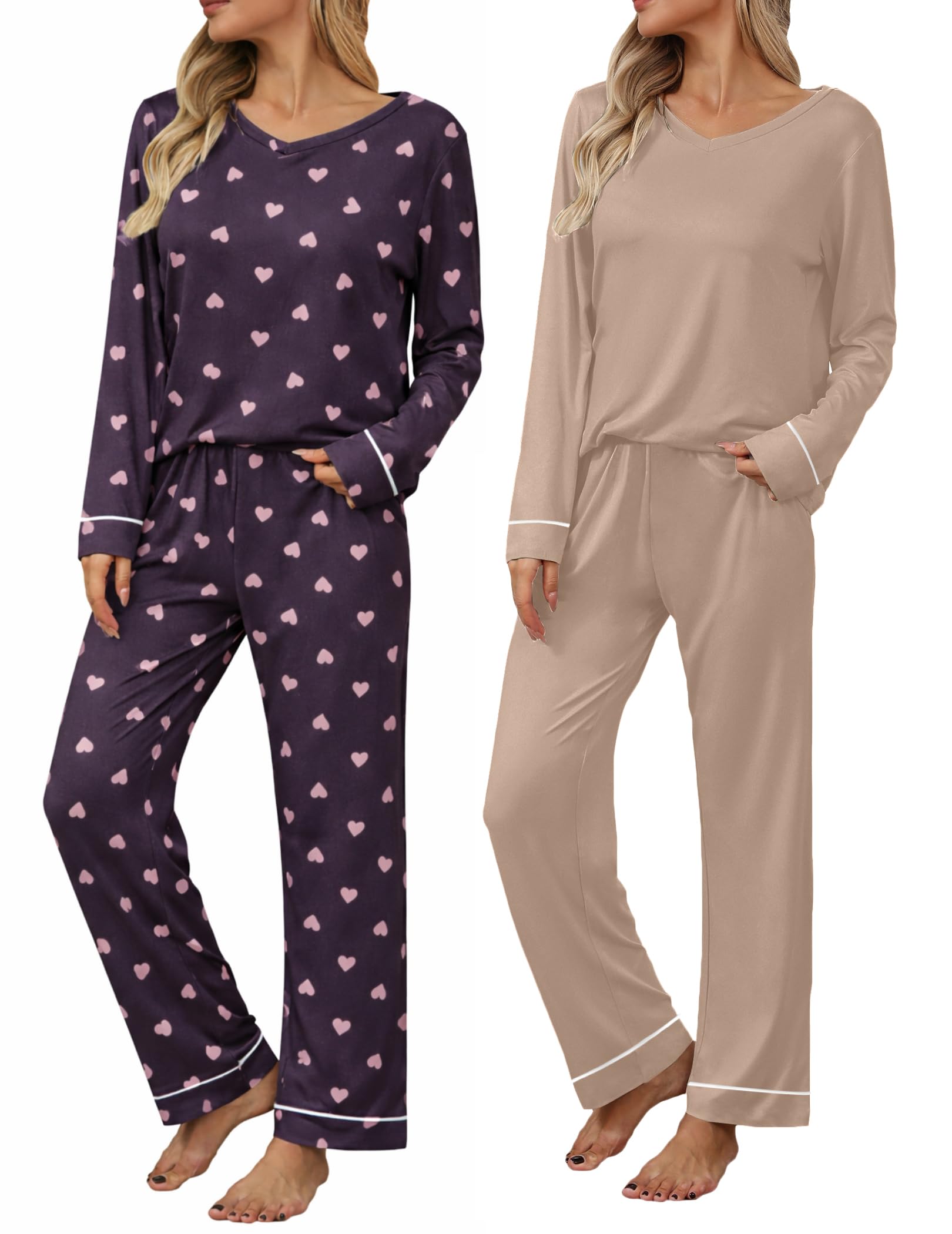 Ekouaer Womens 2 Pack Pajama Set Long Sleeve Pajamas Top and Pants V Neck Pjs Set Soft Loungewear with Pockets Image