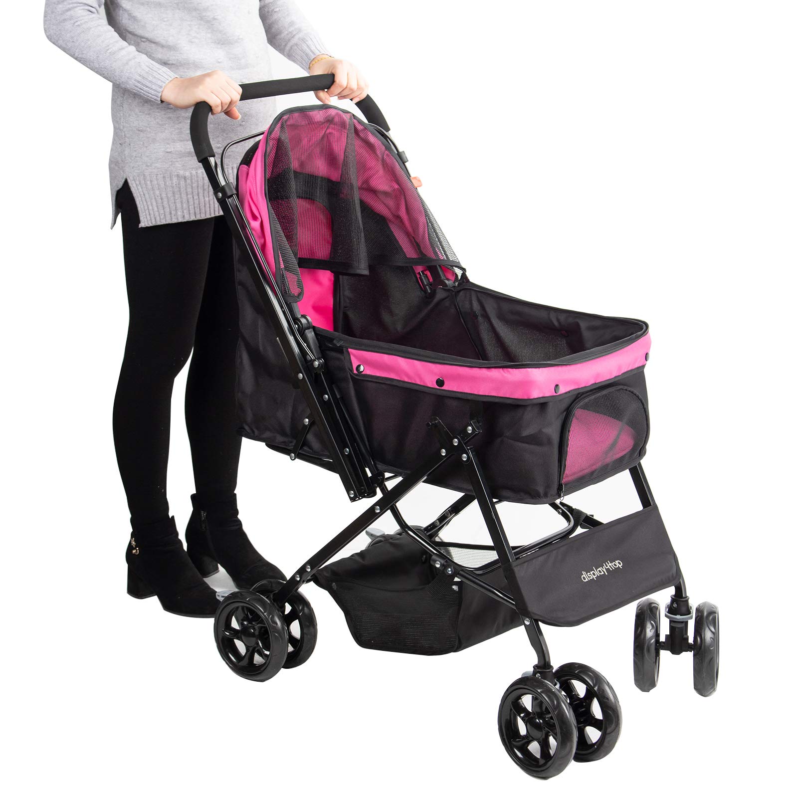 Display4top Pink Pet Travel Stroller, Foldable FourWheeled Trolley
