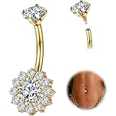 ZZHDCC 14G Titanium Belly Button Rings for Women Gold Silver Belly Rings Halo Internally Threaded Belly Ring Flower Opal 10mm AAAAAA Cubic Zirconia Navel Body Belly Piercing