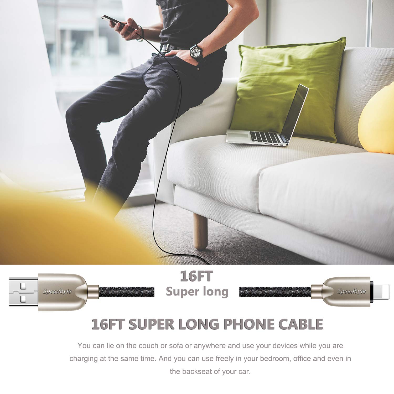 16FT Charger Cable，5M Nylon Fishnet Braided Super-long Charge Cord USB Cable with Zinc Alloy Connector Compatible with Phone 11/11Pro/11ProMax/Xs/Max/XR/X/8/8Plus/7/7Plus/6S/6S Plus/5/5S/5C/SE/Pad/Pod