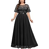 Miusol Women's Plus Size Sequin Lace Round Neck Butterfly Sleeves Formal Evening Maxi Dress