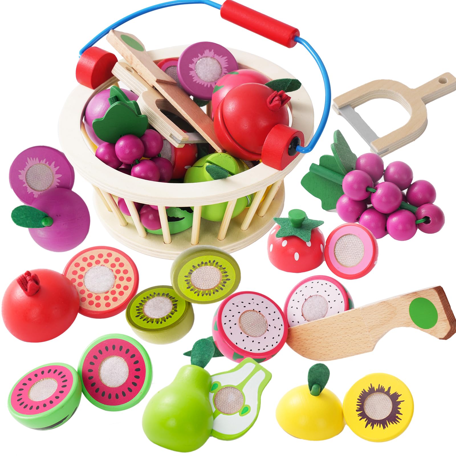 Smartwo Wooden Fruits Cutting Toys, Pretend Play Food Sets with Wooden Basket for Children Kitchen, Kids Supermarket Game Accessories, Picnic Role Play, Gift For Toddler Boys Girls 3+ Years old