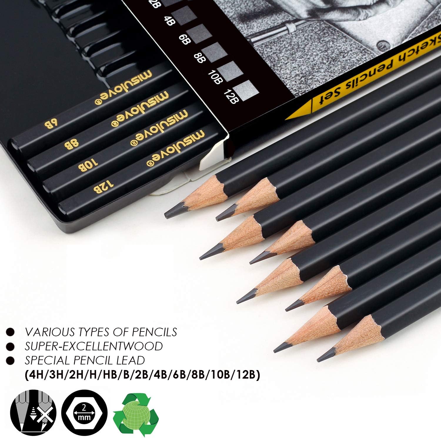 MISULOVE Professional Drawing Sketching Pencil Set - 12 Pieces Art Drawing Graphite Pencils(12B - 4H), Ideal for Drawing Art, Sketching, Shading, for Beginners & Pro Artists : Office Products