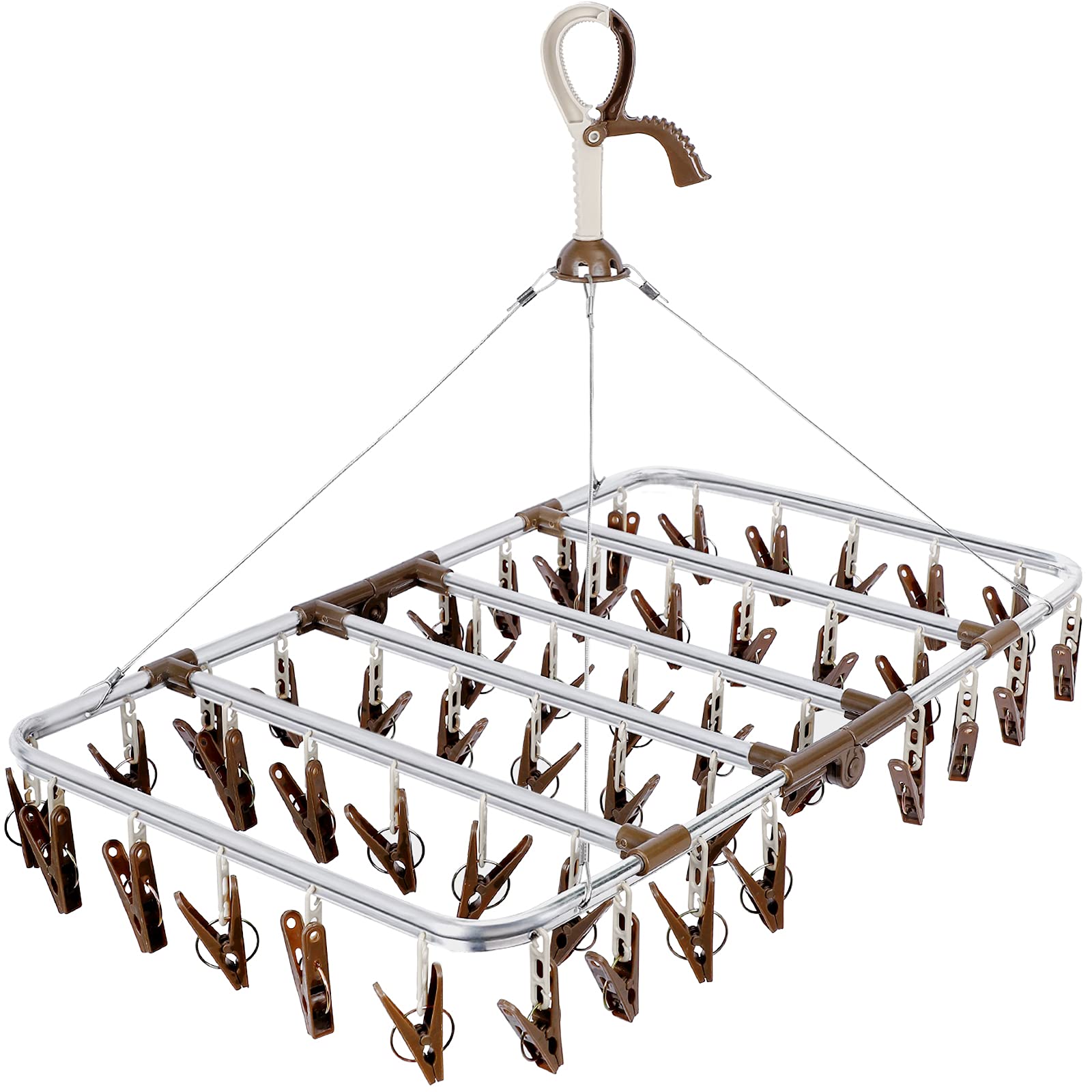 ANVINKU Sock Dryer, Aluminum 46 Pegs Sock Hanger for Washing Line, Folding Clothes Drying Rack with Windproof Hook, Hanging Clothes Airer for Socks, Underwear, Baby Clothes & Hats （Dark Brown）