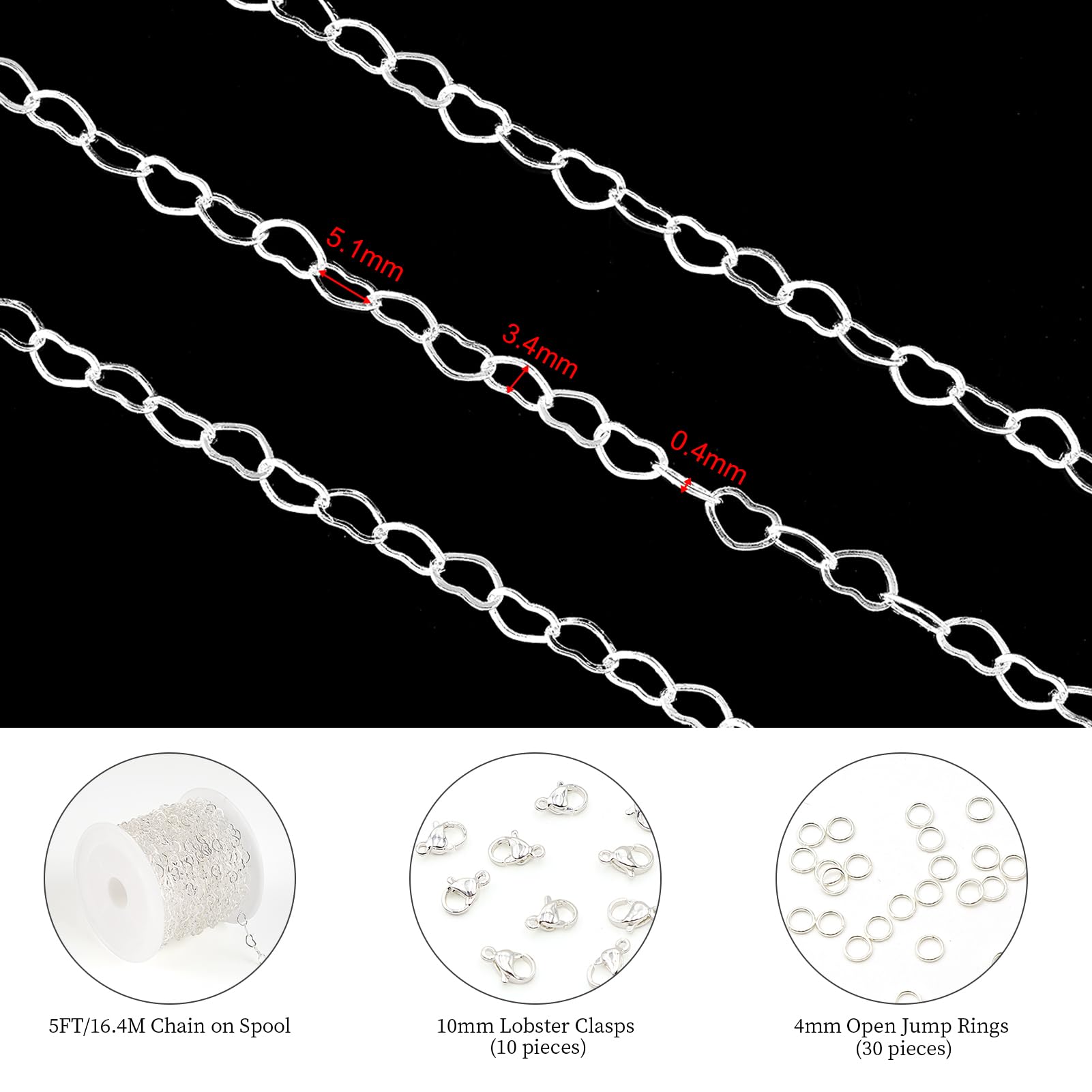 KYUNHOO 16.4 Feet/5M Silver Heart Necklace Chains for Jewelry Making Solid Copper Chain Bulk Heart Cable Link Chain Roll with Jump Rings and Lobster Clasps Jewelry Supplies Findings