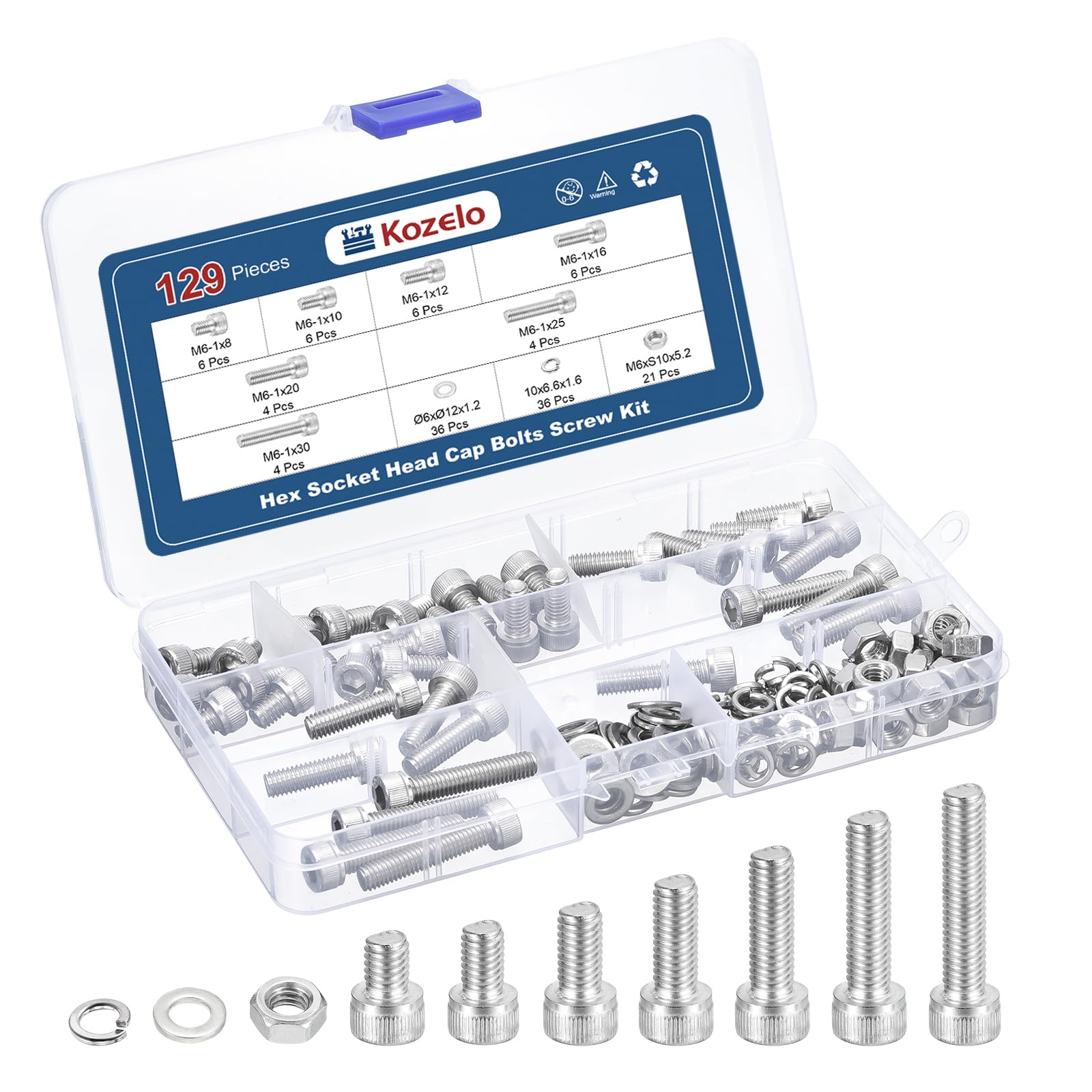 Kozelo 129pcs M6 Socket Head Cap Screws Bolts Nuts Assortment Kit - [M6x8/10/12/16/20/25/30mm] 304 Stainless Steel Allen Socket Drive for 3D Printer — image 1