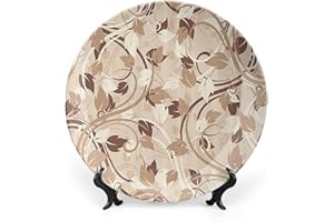 LIGUTARS Ceramic Display Plate, Ivory Ceramic Hanging Decorative Plate, Autumn Leaves in Faded Earthen Tones Fall, 10 Inch, Household Custom Ceramic Plate, Cream Umber Cocoa