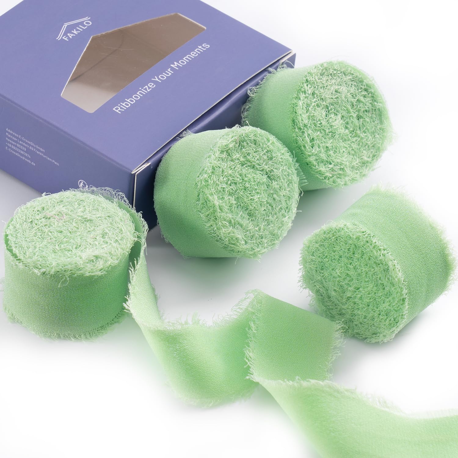 FAKILO Light Green Chiffon Ribbon with Handmade Fringe, 4 Rolls 1'' X 5 Yd, 20 Yd Silk Ribbon for Wedding Invitations, Bridal Bouquets, Gifts Wrapping, DIY Crafts