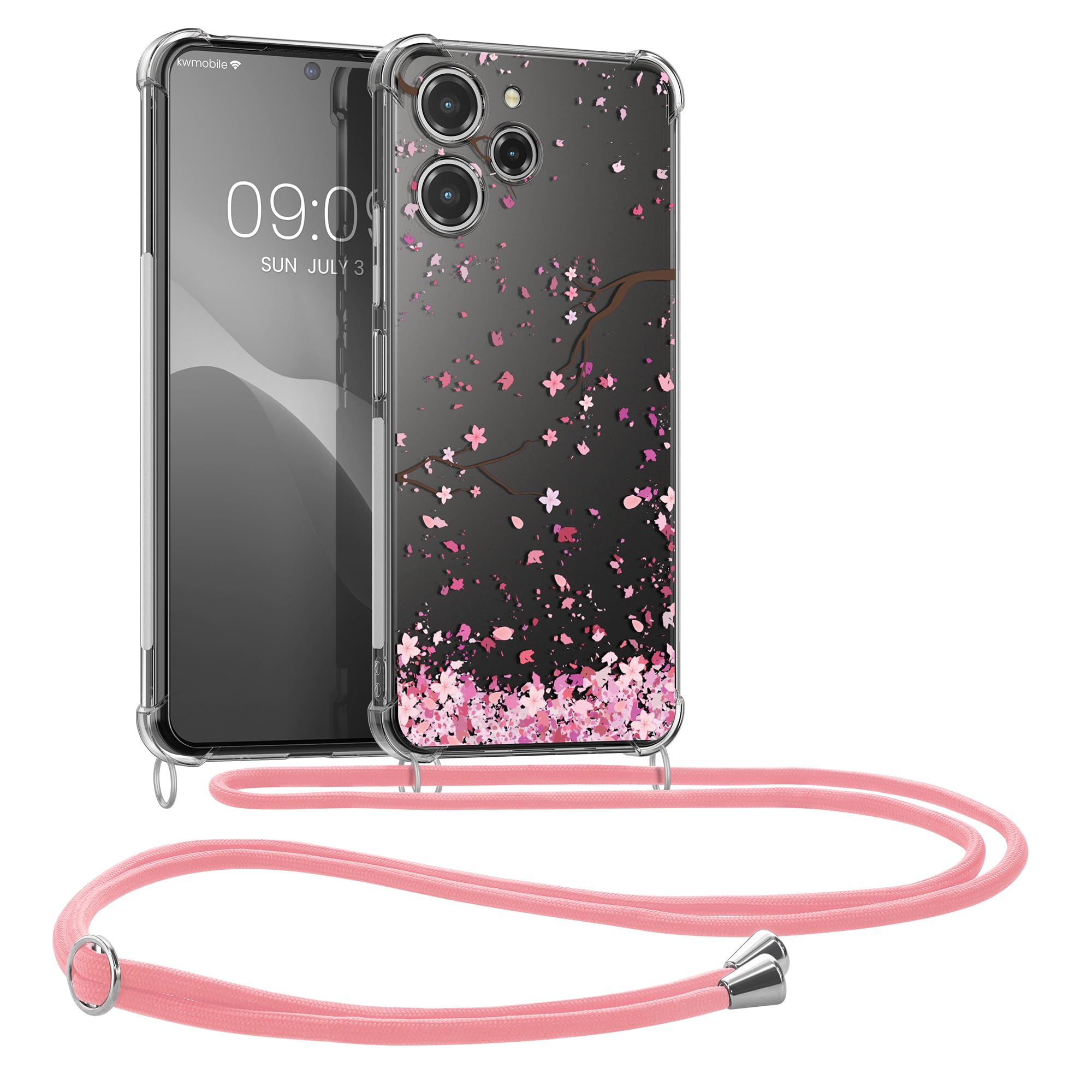 kwmobile Crossbody Case Compatible with Xiaomi Redmi 12 Case Strap - Cherry Blossoms Pink/Dark Brown/Transparent — image 1