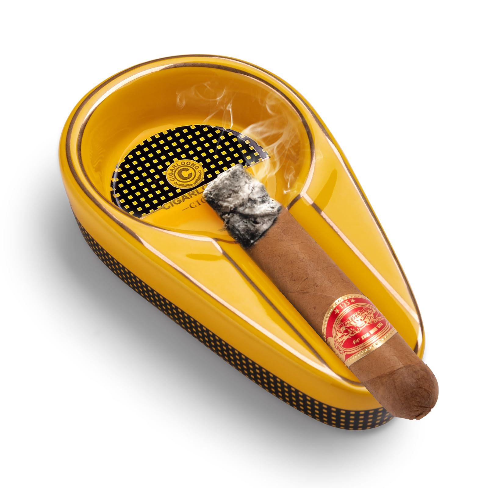 CIGARLOONG Cigar Ashtray Single Classic Ceramic Ashtray Use Outdoor or Indoors(Color:Yellow)
