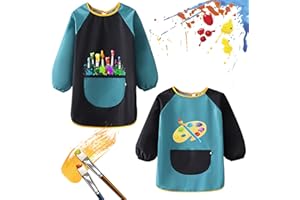 Lweiiws 2 Pack Kids Art Smock Children Waterproof Painting Apron Age 3-12, Paint Smock Kids with Long Sleeve and Pocket (M/L)
