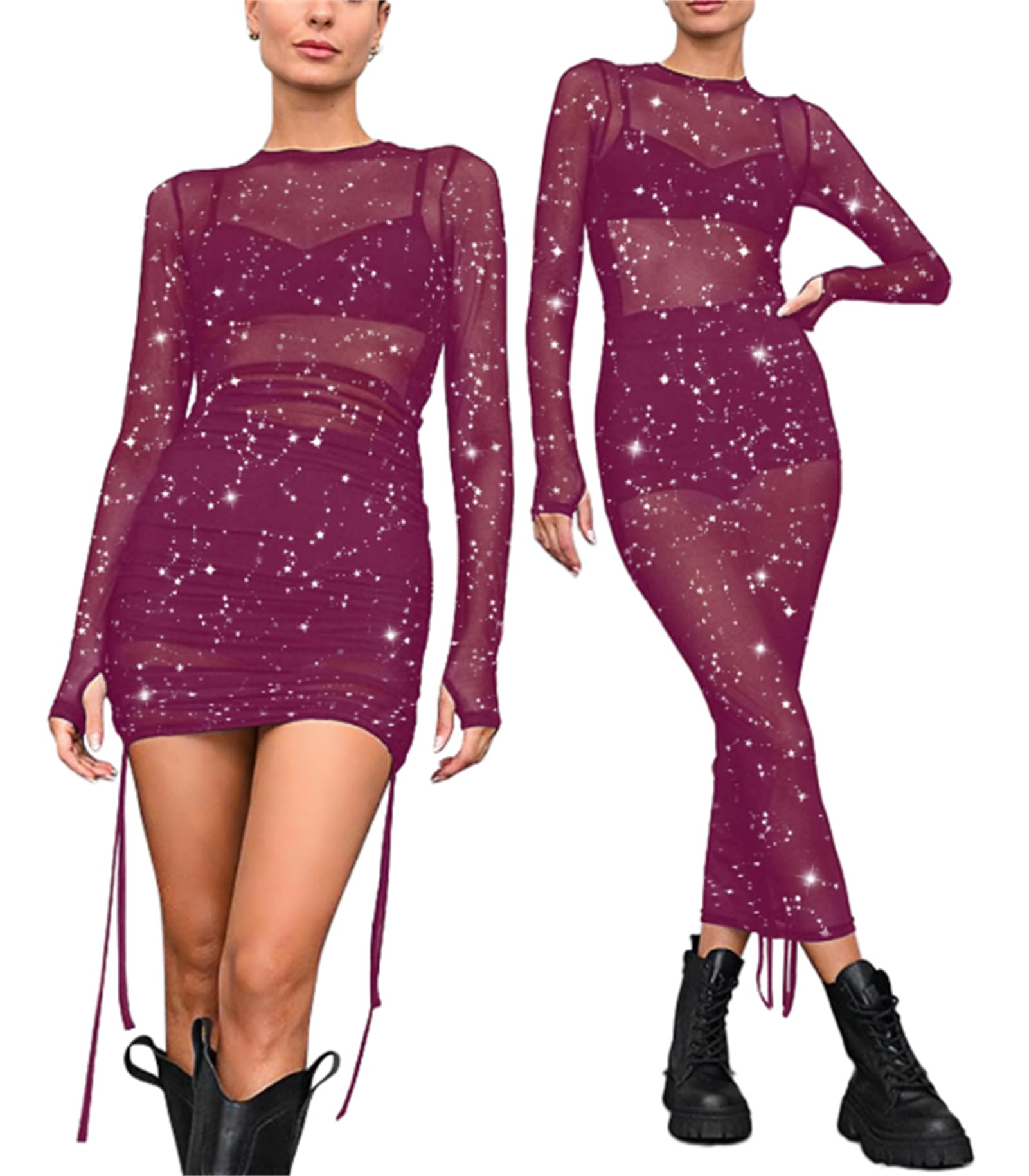 Photo 1 of *MINOR DAMAGE - USED*
Womens Mesh Dress Ruched Glitter Long Sleeve Bodycon Sexy See Through Clubwear Rave Outfits Purplish Red M