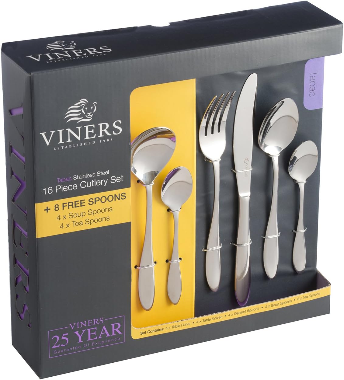 Viners Tabac 16 Piece Stainless Steel Cutlery Set Plus 4 Free Teaspoons and 4 Free Soup Spoons, Silver, 24pcs Tabac - Image 3