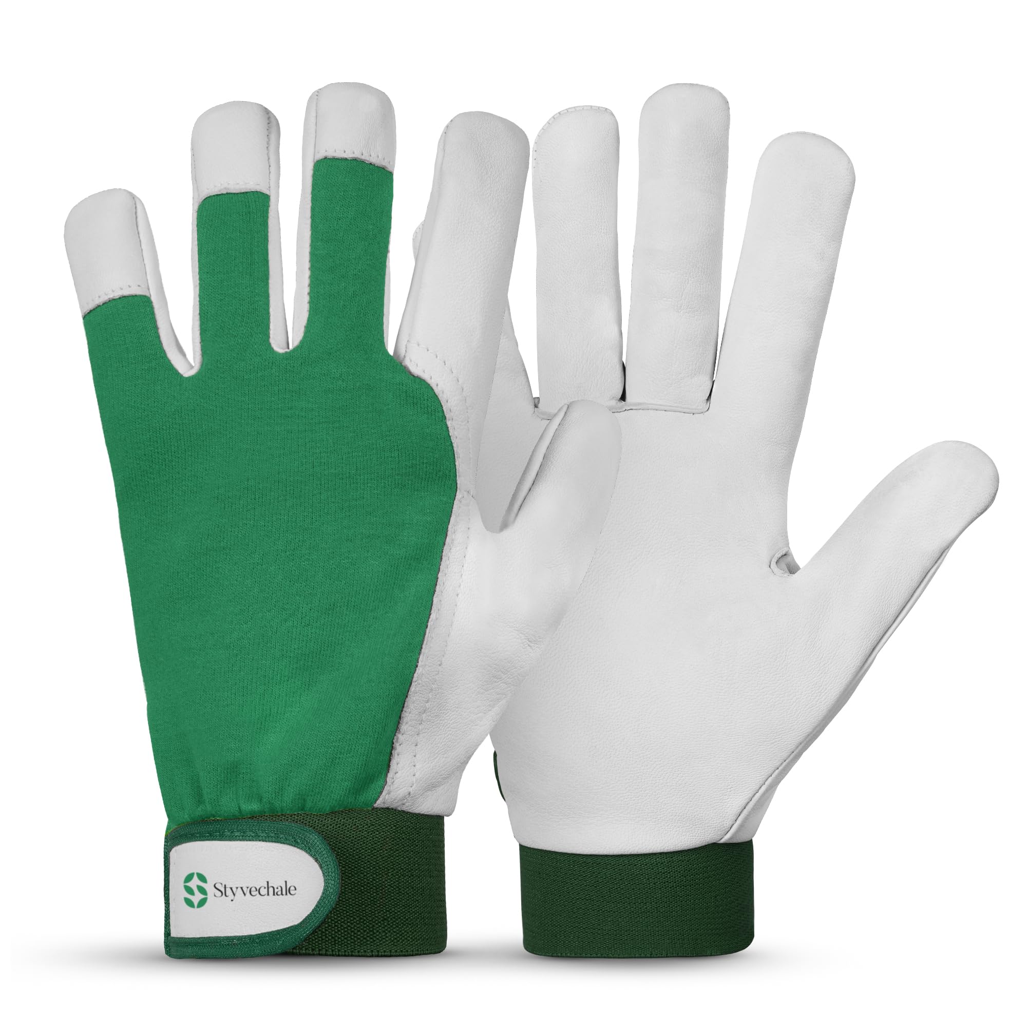 Gardening Gloves for Men & Women, Leather Palm & Breathable Spandex Back, Thorn-Proof Gardening Gloves, Multipurpose Safety Gloves for Mechanics, Warehouse, Driving, Digging, Landscaping (Green, L)