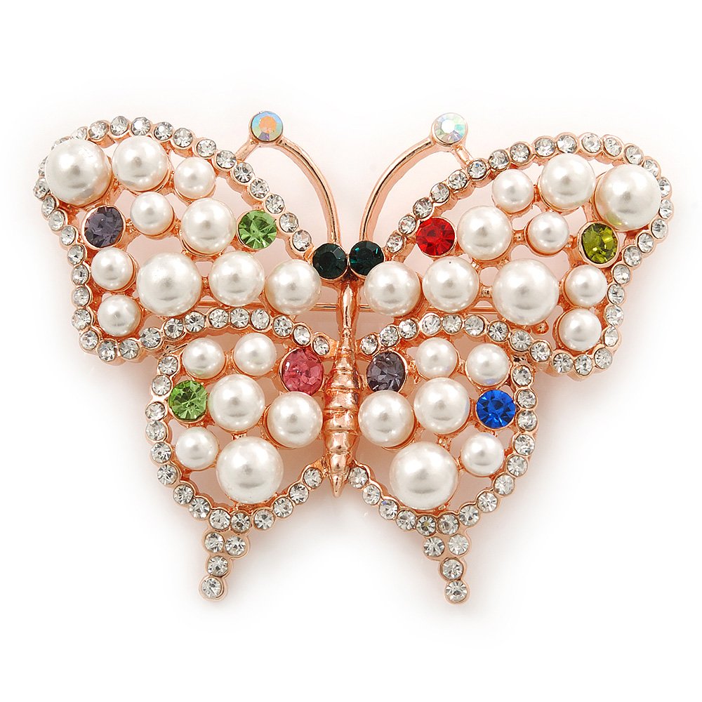 White Glass Pearl, Multicoloured Austrian Crystal Butterfly Brooch In Rose Gold Tone Metal - 58mm L