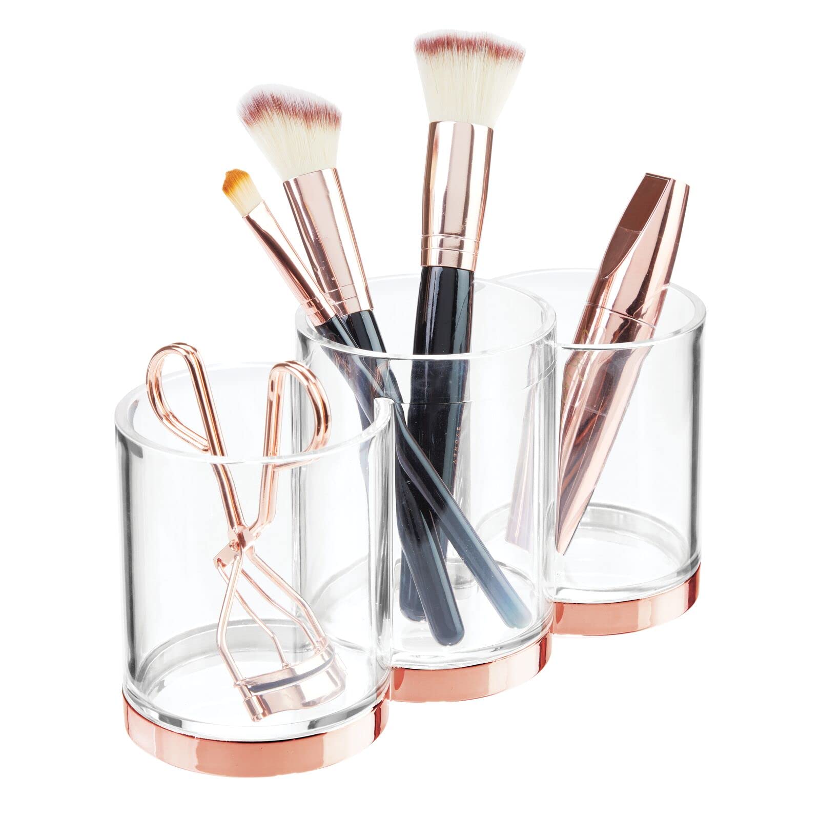 mDesign Makeup Storage Containers – Makeup Brush Holder Trio for Storing Cosmetic Brushes – Can Be Used as Cosmetic Brush Holder, Lipstick Holder and More – Clear/Rose Gold