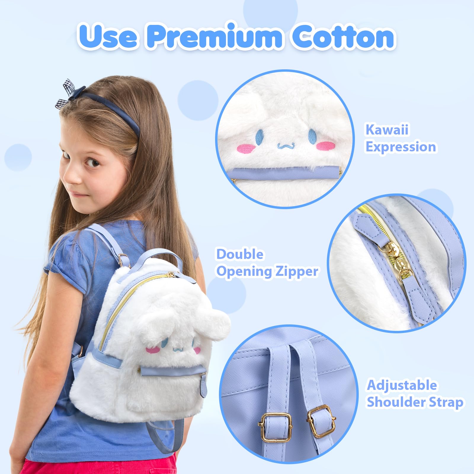 KIEAL Blue Kids Backpack, Kawaii Stuff Plush Backpack, Adorable Bag Handbag for Girls Kids Fans Birthday Present School Supplies