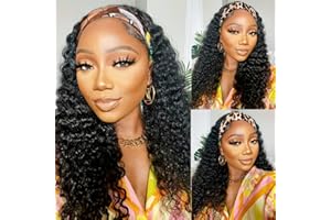 Lauberita Headband Wig Human Hair Wigs 14 Inch Wear and Go Glueless Wig Curly Deep Wave Headband Wig Natural Color