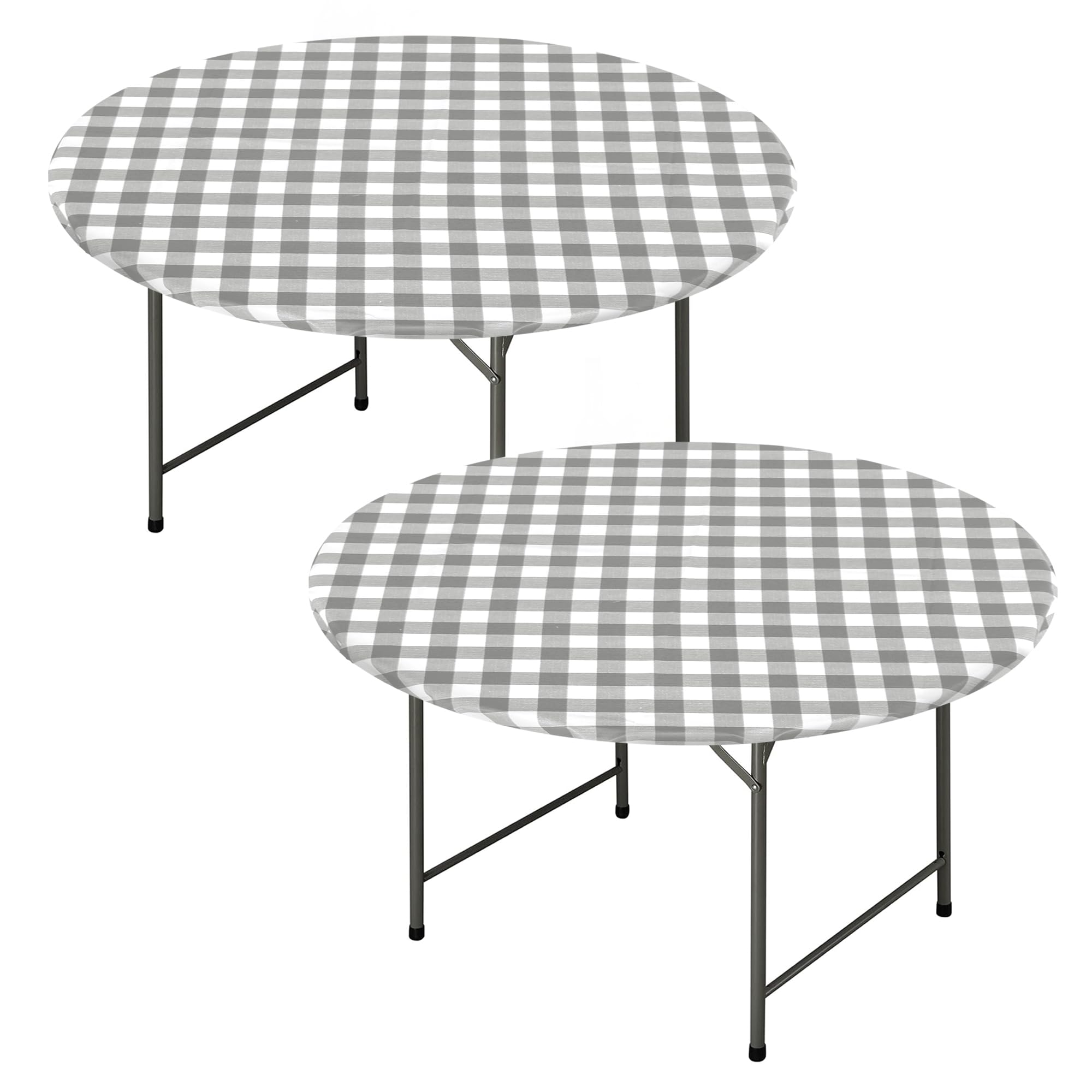 Photo 1 of Fitable Round Vinyl Fitted Table Cover - 2 Pack Waterproof Checkered Elastic Edged Tablecloth Flannel Backed Table Cloth for Picnic Party, Silver/White (Fit for 45"-56" Round Tables)