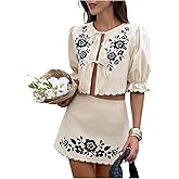 SOLY HUX Women's Summer 2 Piece Outfits Floral Bow Tie Front Puff Sleeve Blouse and Mini Skirt Set